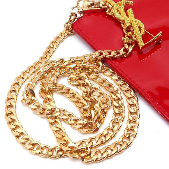 Yves Saint Laurent Red Leather Clutch Shoulder Bag YSL Pin Purse Gold-to… - Picture 3 of 13